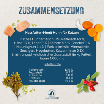 Preview: Lakefields Katzenfutter Huhn – Premium Nassfutter für Katzen mit frischem Landhuhn, Gemüse & Kräutern